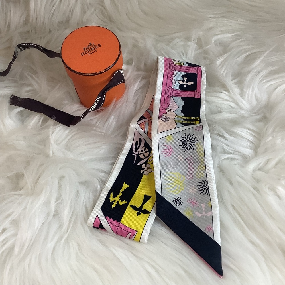 Hermes Pink & Yellow Silk Twilly Scarf